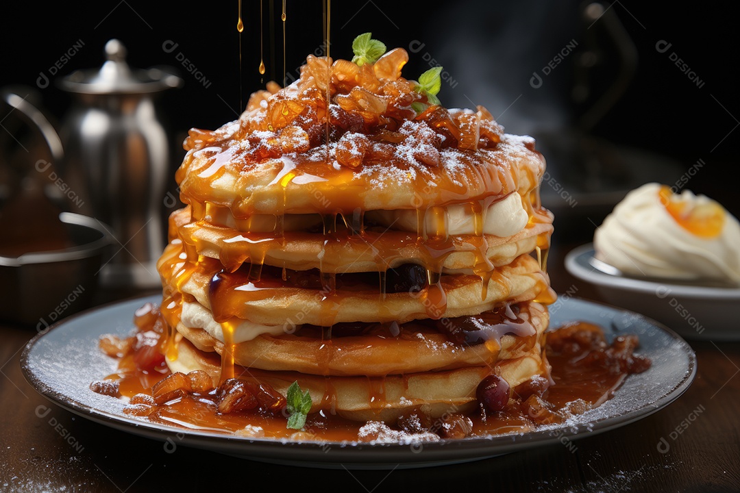 Delicioso waffles com calda e frutas