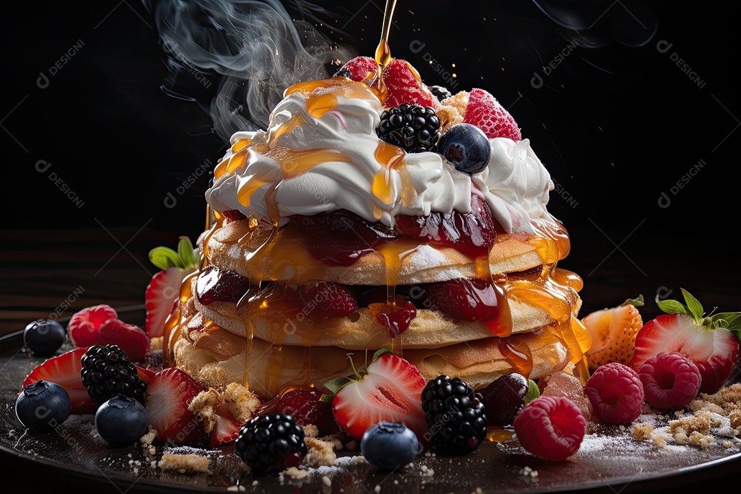 Delicioso waffles com calda e frutas
