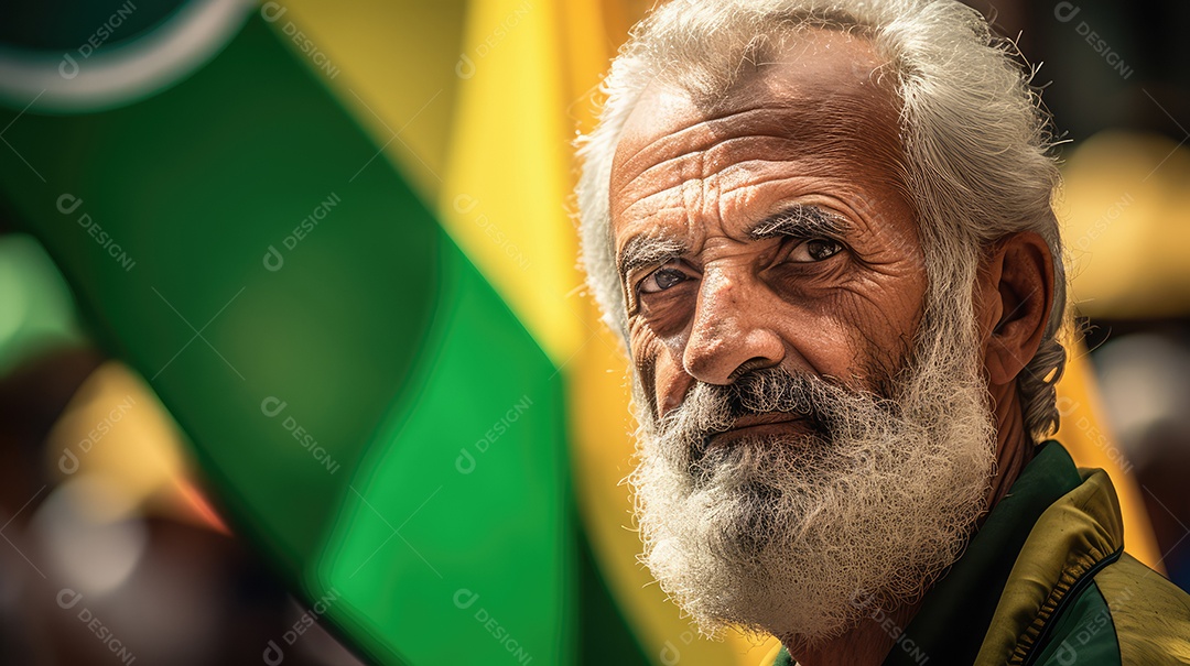Um homem sorrindo para a câmera com uma bandeira do Brasil no Dia da Independência do Brasil