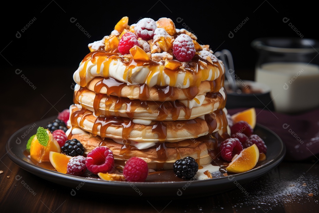 Delicioso waffles com calda e frutas
