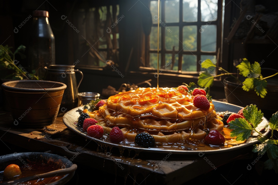 Delicioso waffles com calda e frutas