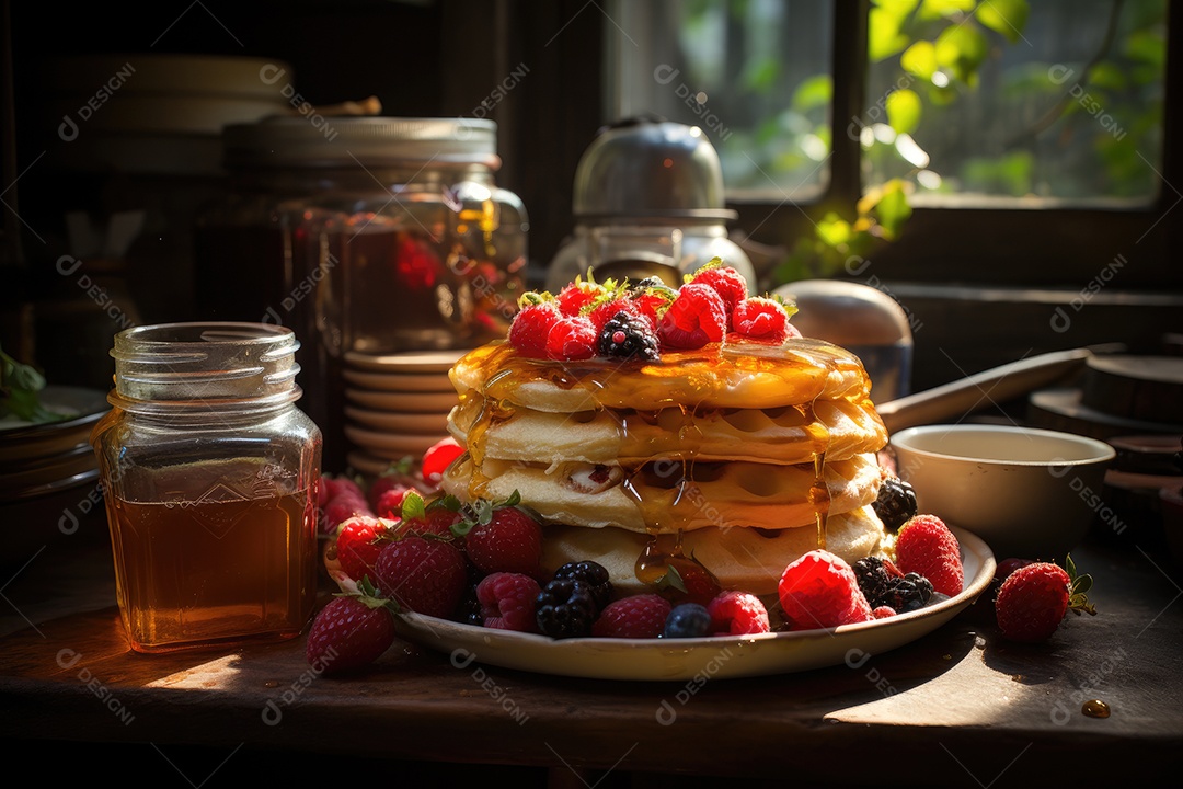 Delicioso waffles com calda e frutas