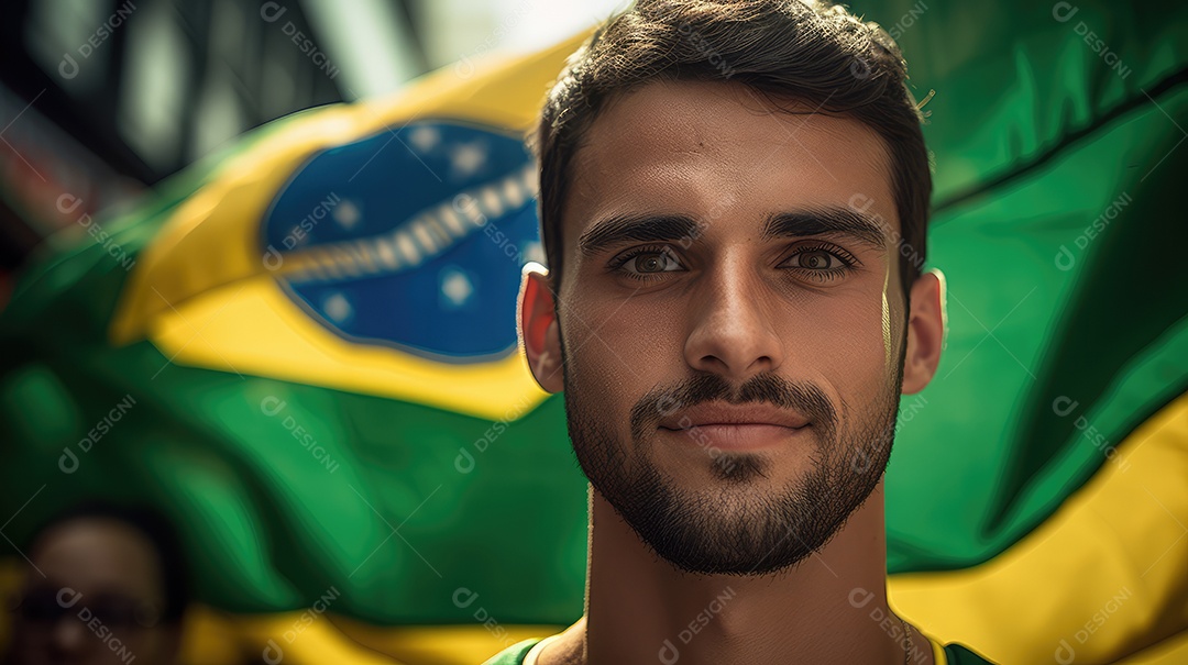 Um homem sorrindo para a câmera com uma bandeira do Brasil no Dia da Independência do Brasil