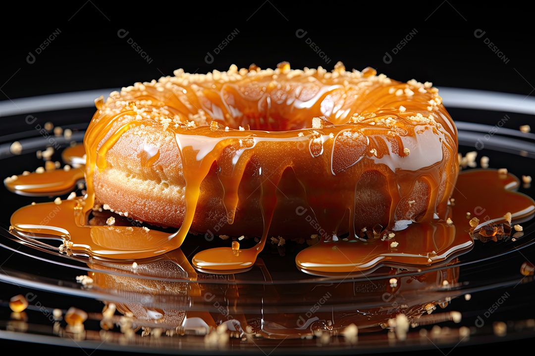 Donut dourado de caramelo fresco em cena minimalista.