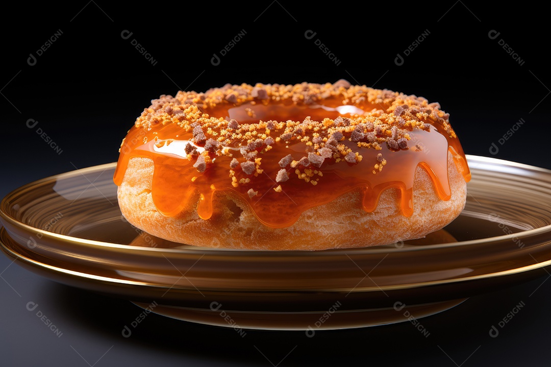 Donut dourado de caramelo fresco em cena minimalista.