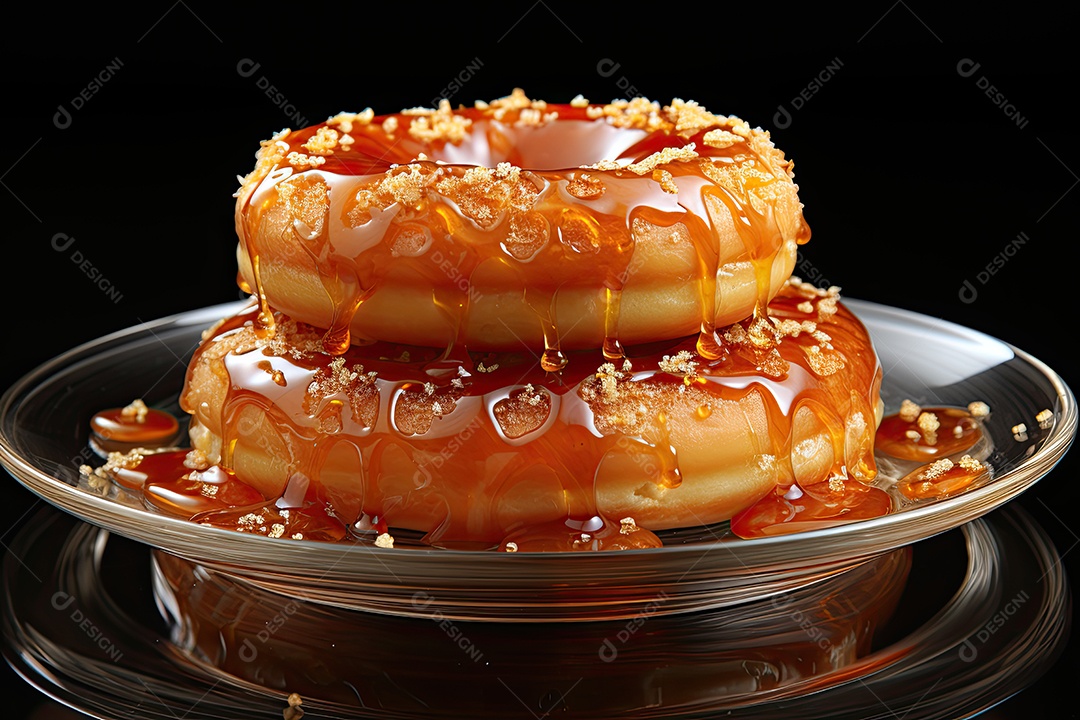 Donut dourado de caramelo fresco em cena minimalista.