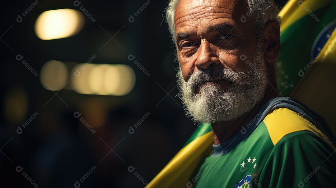 Um homem sorrindo para a câmera com uma bandeira do Brasil no Dia da Independência do Brasil