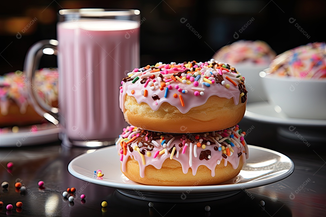 Donut de glacê rosa ao lado de café fumegante.