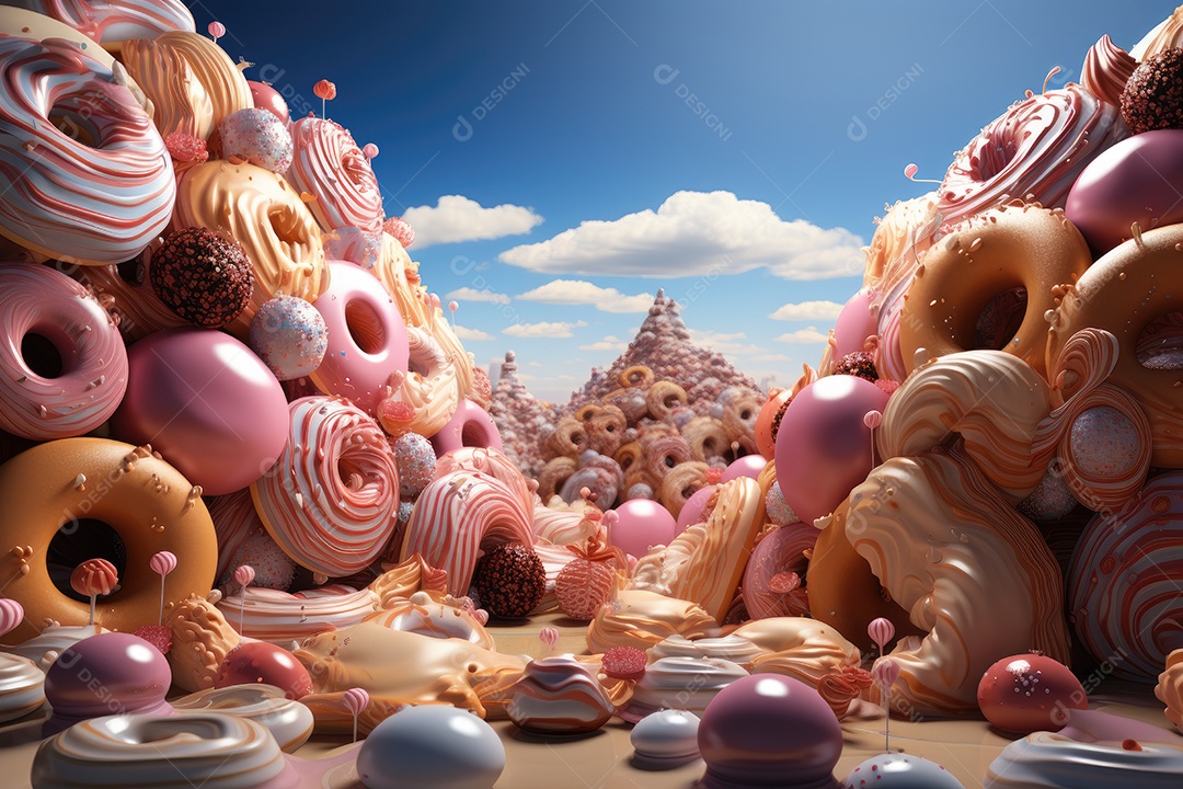 Um cenário doce donuts flutuantes em um mundo encantado.