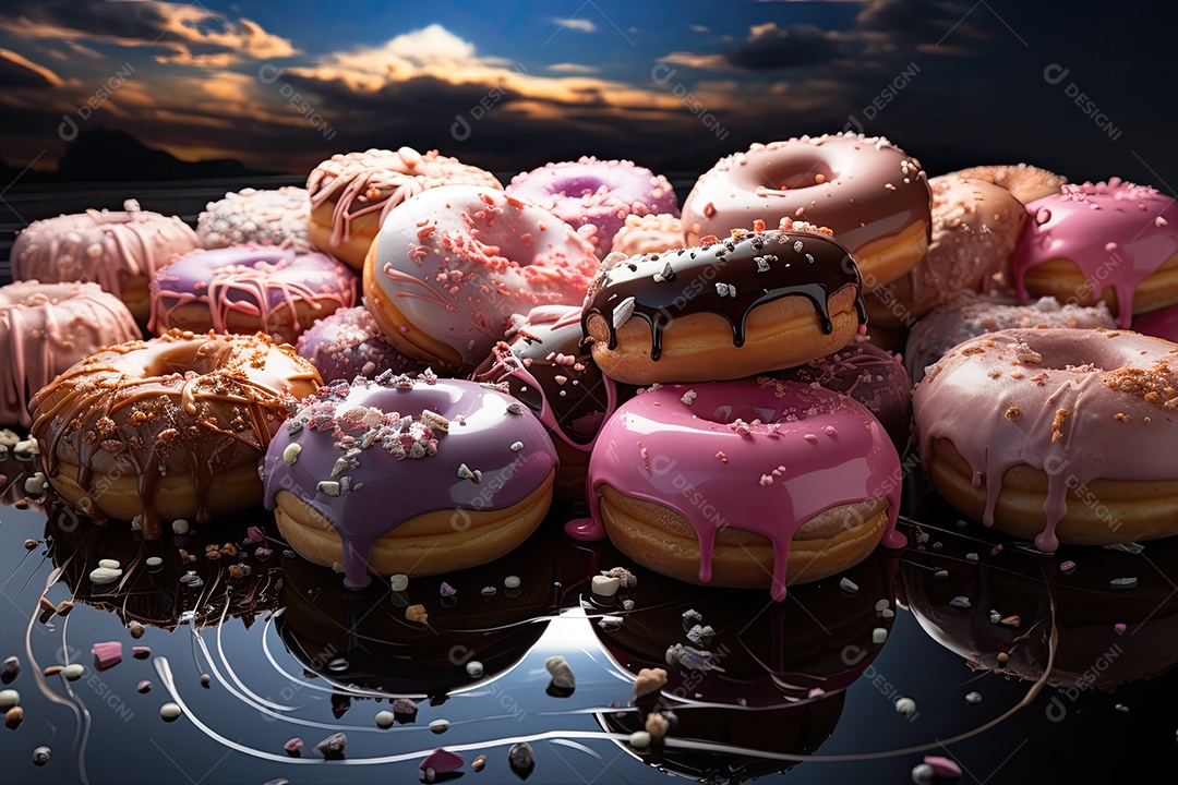 Um cenário doce donuts flutuantes em um mundo encantado.