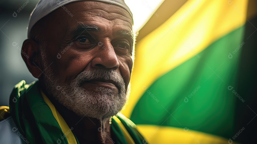 Um homem sorrindo para a câmera com uma bandeira do Brasil no Dia da Independência do Brasil