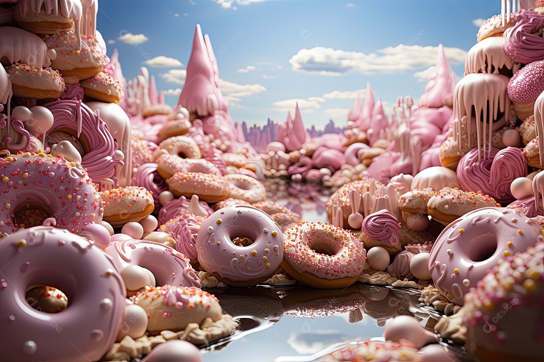 Um cenário doce donuts flutuantes em um mundo encantado.