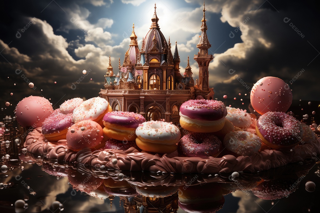 Um cenário doce donuts flutuantes em um mundo encantado.