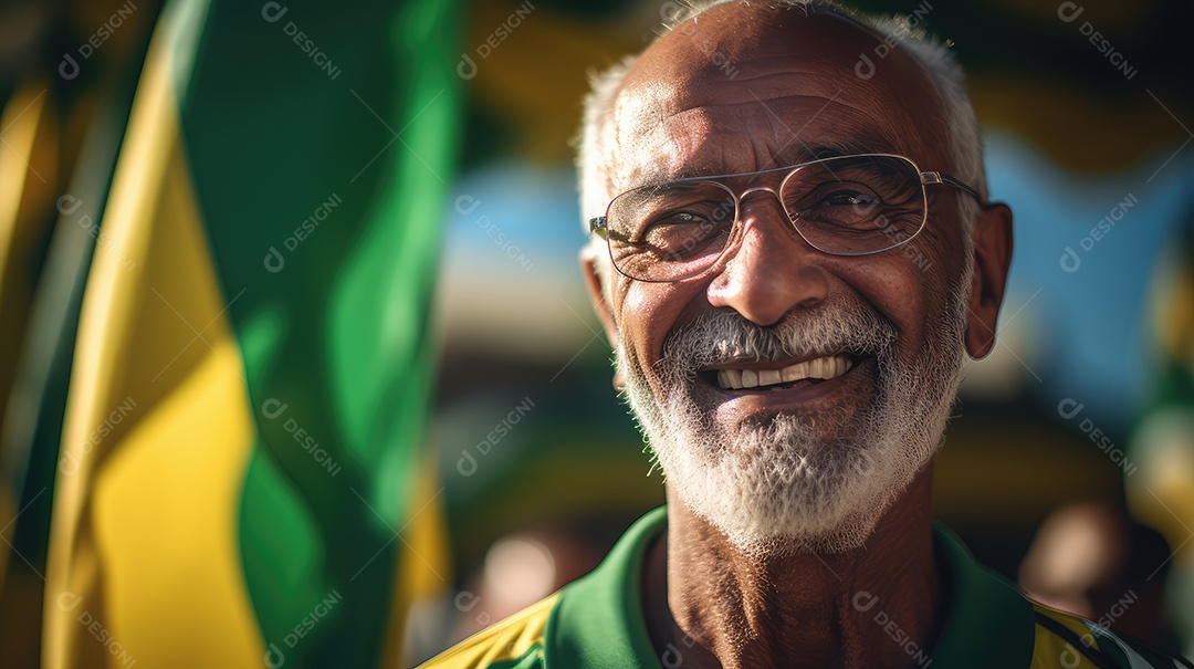Um homem sorrindo para a câmera com uma bandeira do Brasil no Dia da Independência do Brasil