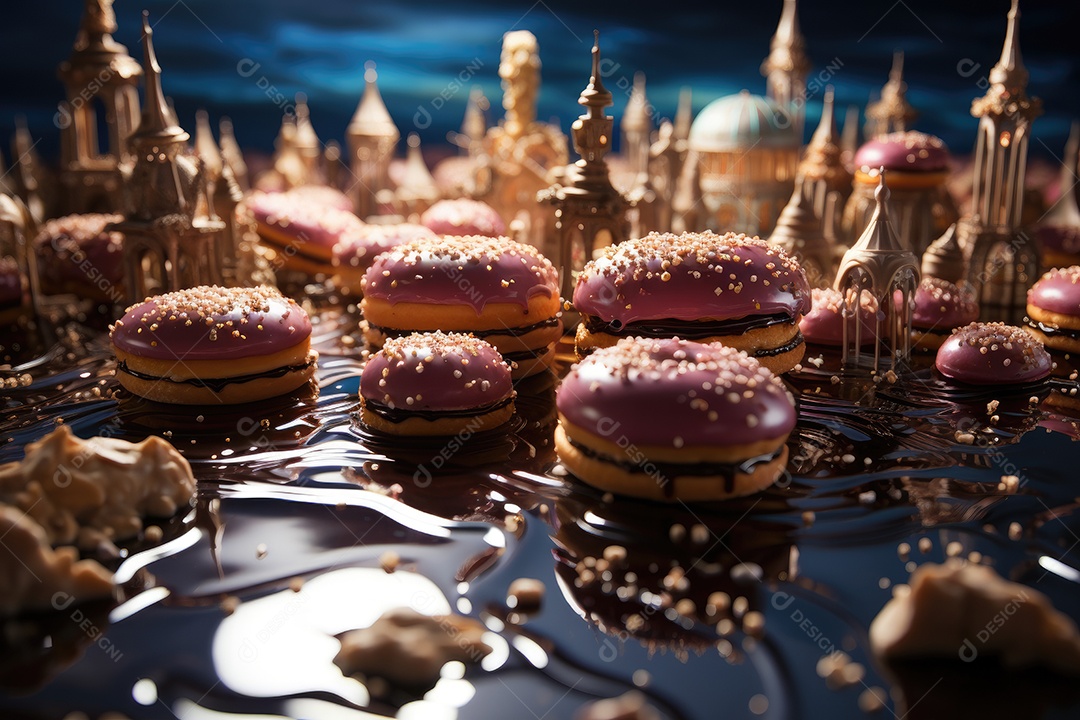 Um mundo de dançantes donuts em cenário açucarado.