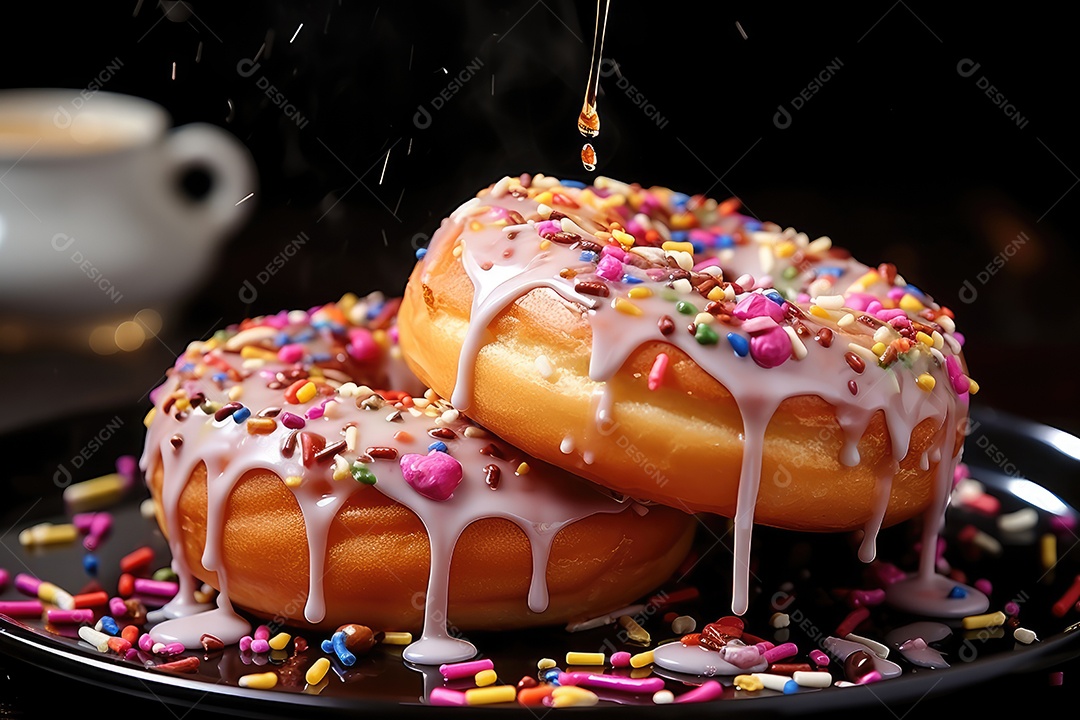 Donut coberto de glacê, café ao lado.