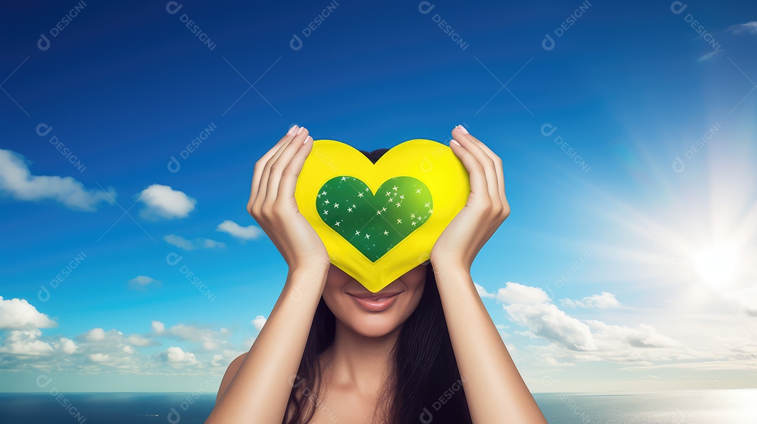 Mãos em forma de coração com a bandeira do Brasil no céu azul, Dia da Independência do Brasil
