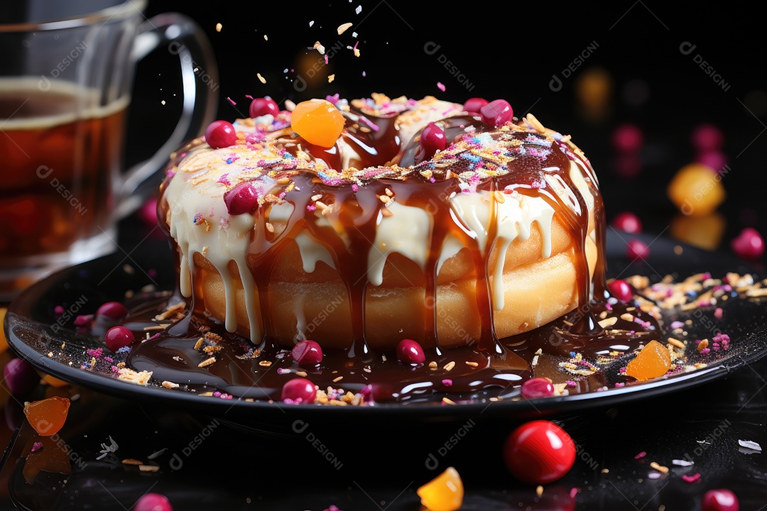 Donut coberto de glacê, café ao lado.