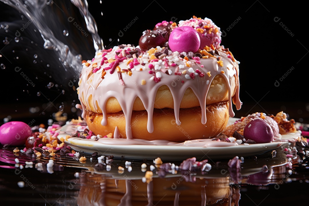 Donut coberto de glacê, café ao lado.