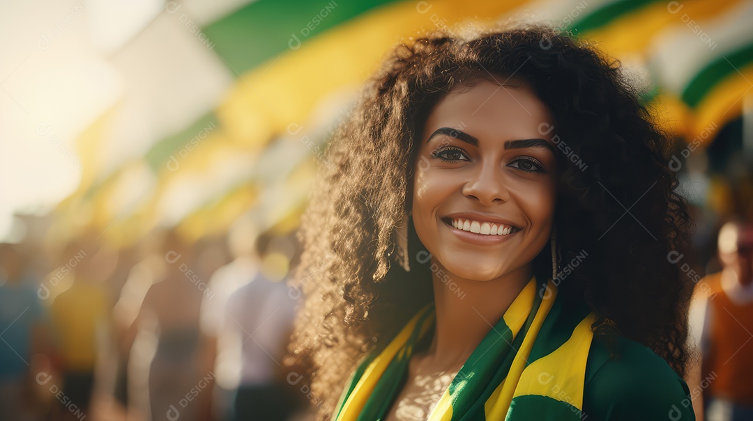 Uma bela jovem sorrindo abraçando uma bandeira brasileira no Dia da Independência do Brasil