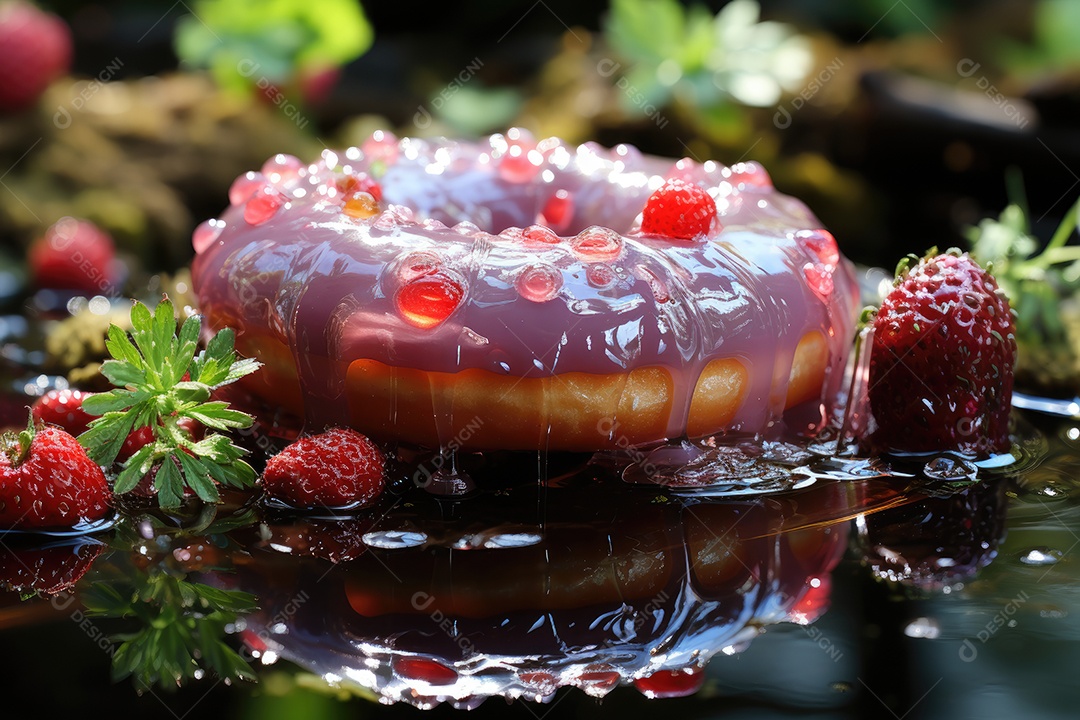 Donut gigante rodeado por morangos em lago de chocolate, sob arco-íris de confeitos.