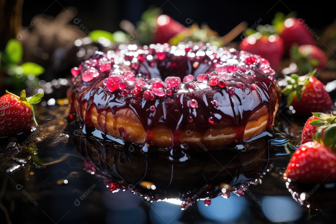 Donut gigante rodeado por morangos em lago de chocolate, sob arco-íris de confeitos.