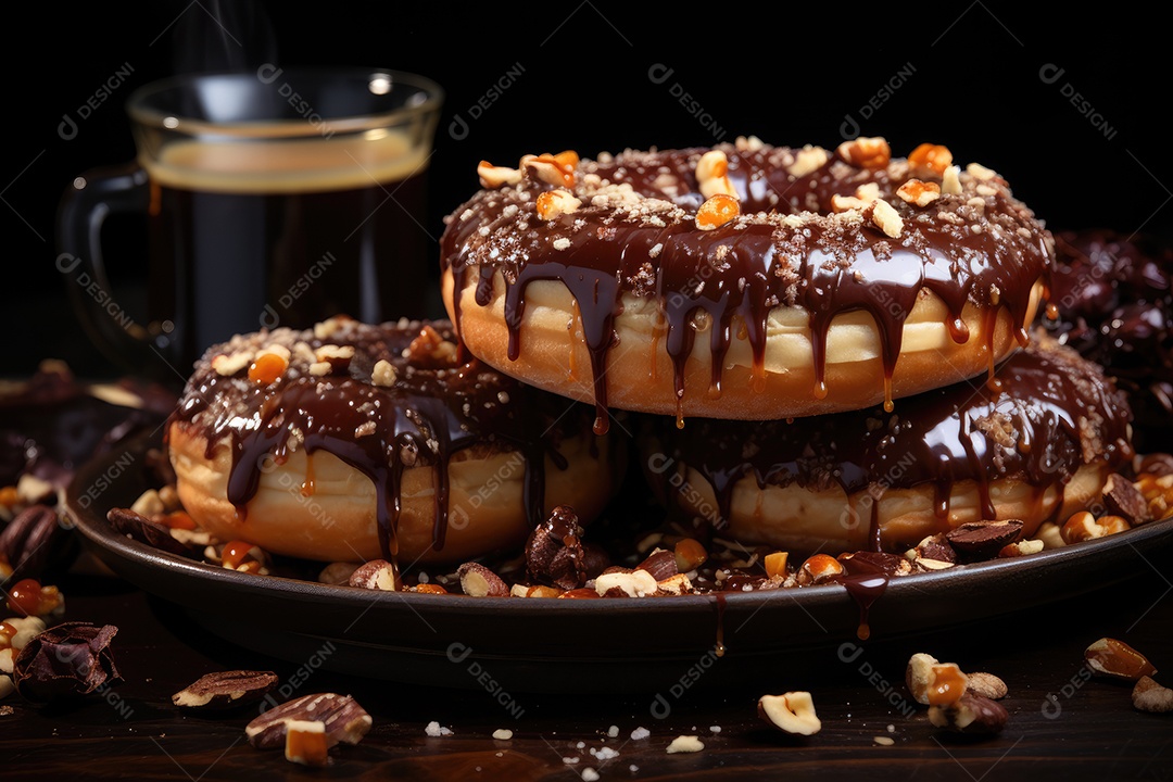 Donut de chocolate com avelã ao lado de café vaporoso.