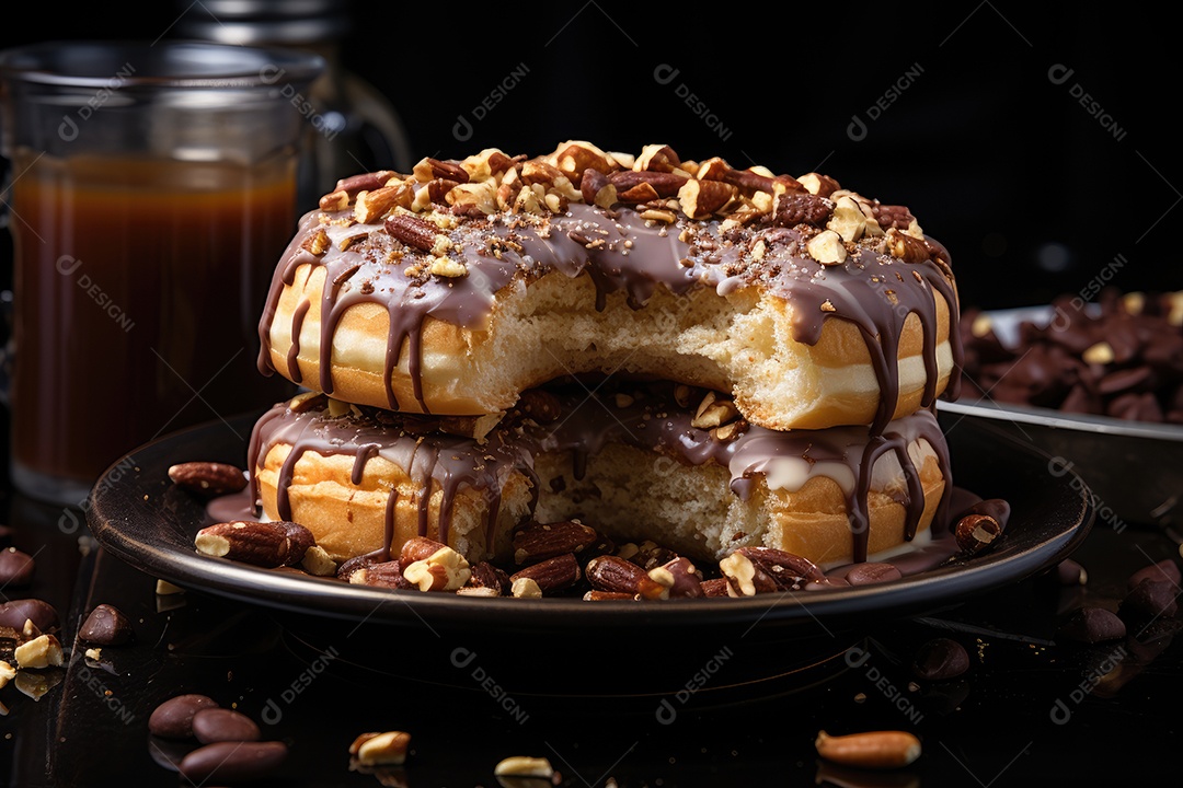 Donut de chocolate com avelã ao lado de café vaporoso.