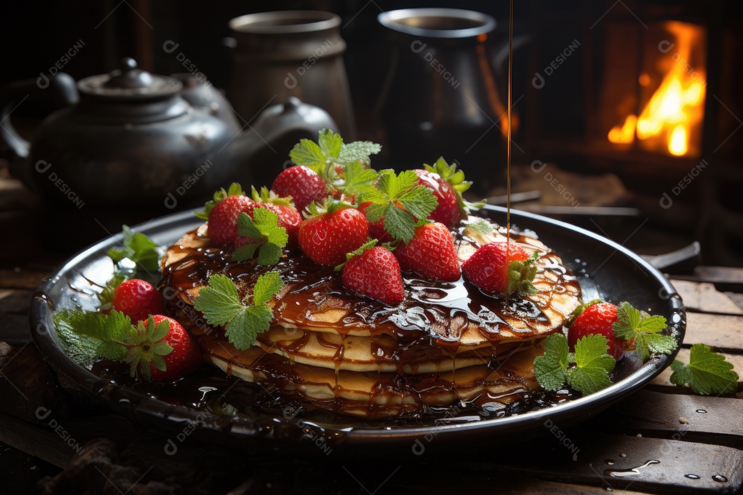 Panquecas douradas com morangos e chocolate derretido em cozinha rústica.