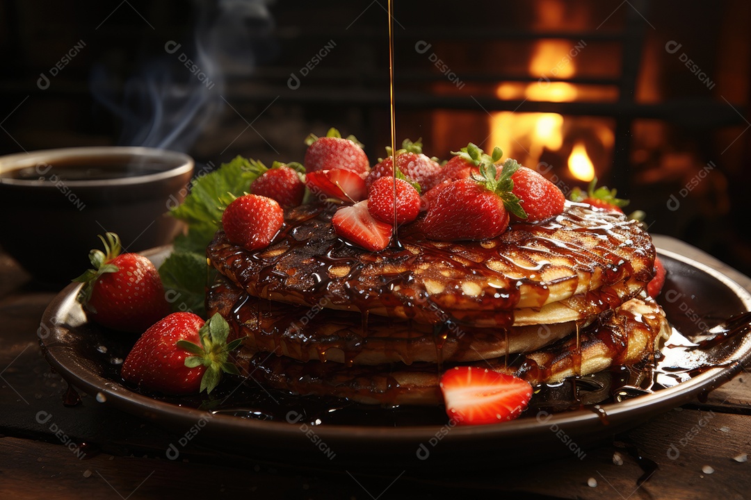 Panquecas douradas com morangos e chocolate derretido em cozinha rústica.