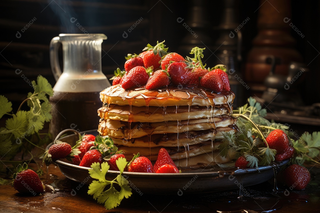 Panquecas douradas com morangos e chocolate derretido em cozinha rústica.