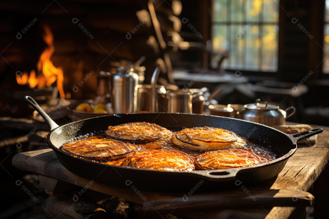 Cozinha rústica, panquecas douradas à lenha com xarope e frutas frescas.