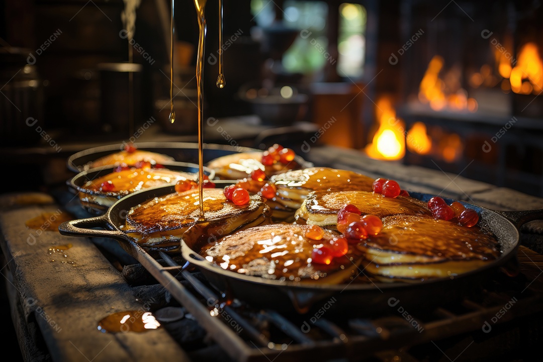 Cozinha rústica, panquecas douradas à lenha com xarope e frutas frescas.