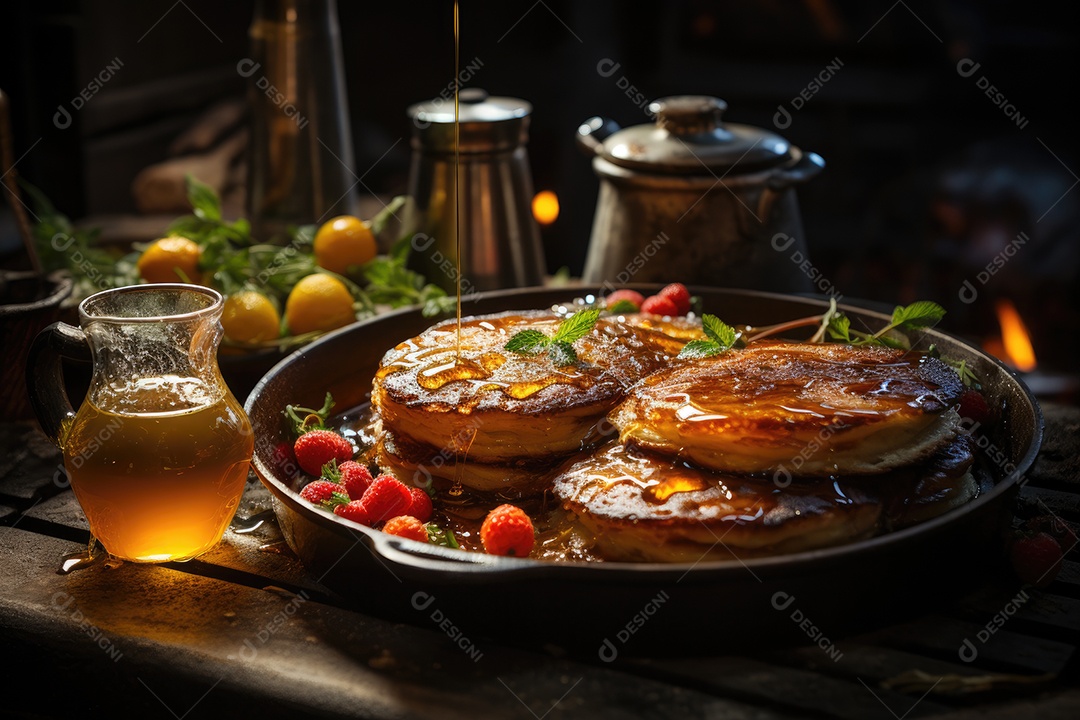 Cozinha rústica, panquecas douradas à lenha com xarope e frutas frescas.