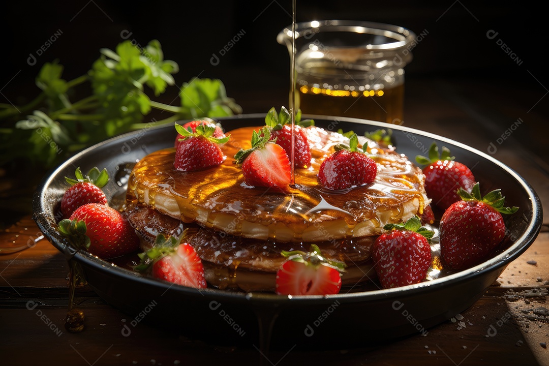 Panquecas douradas com morangos e chocolate derretido em cozinha rústica.