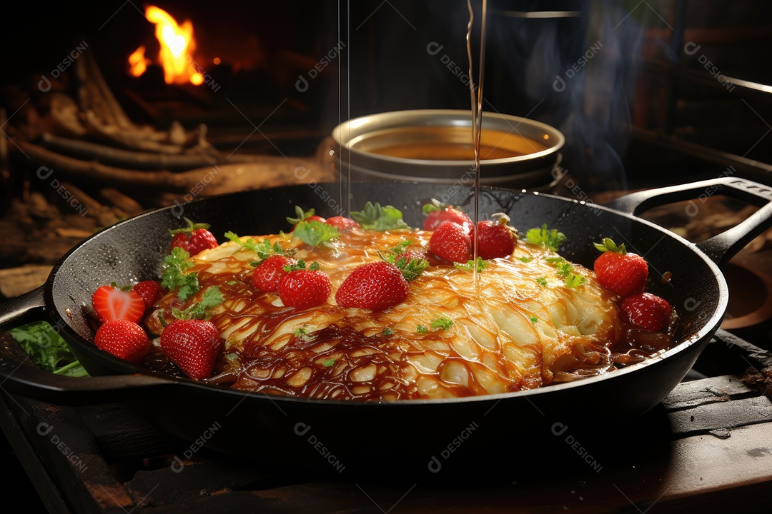 Panquecas douradas com morangos e chocolate derretido em cozinha rústica.