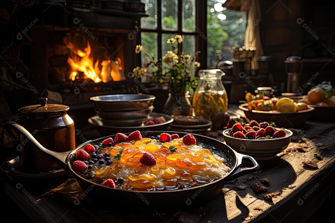 Panquecas douradas com morangos e chocolate derretido em cozinha rústica.