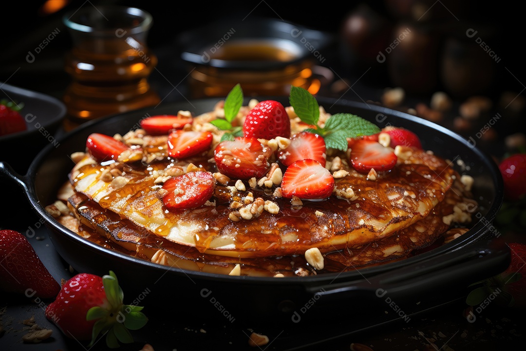 Deliciosa panqueca com calda de caramelo