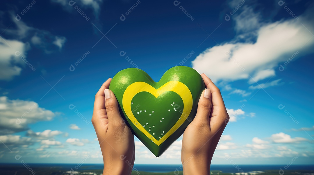 Mãos em forma de coração com a bandeira do Brasil no céu azul, Dia da Independência do Brasil