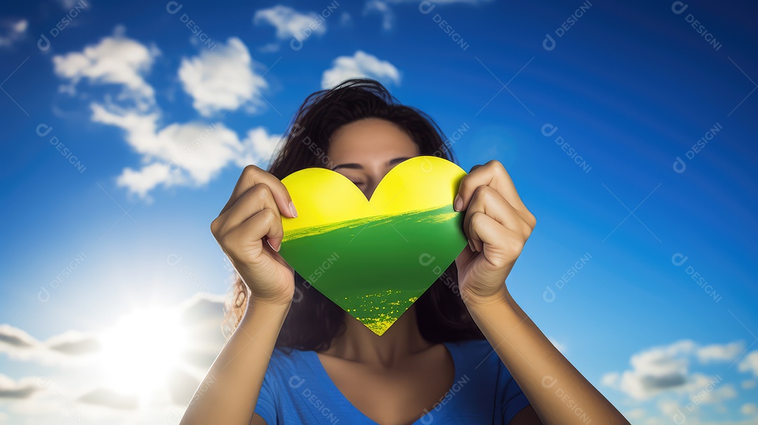 Mãos em forma de coração com a bandeira do Brasil no céu azul, Dia da Independência do Brasil
