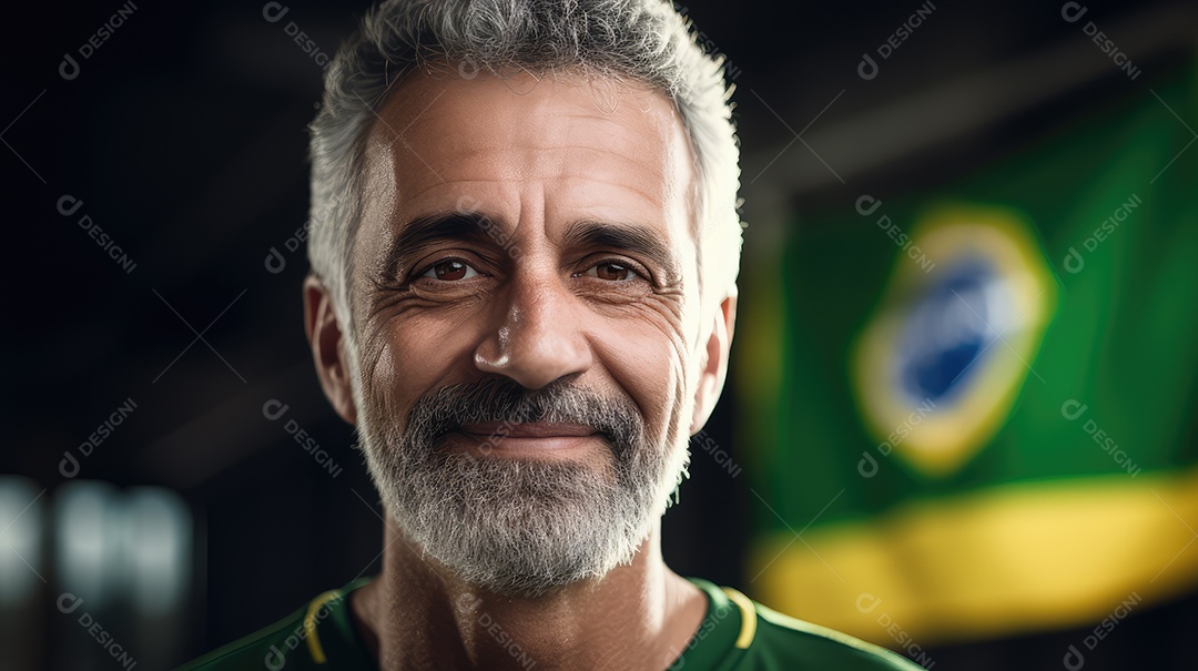 Um homem sorrindo para a câmera com uma bandeira do Brasil no Dia da Independência do Brasil