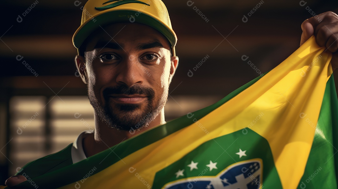 Um jovem bonito sorrindo abraçando uma bandeira brasileira no dia da independência do Brasil