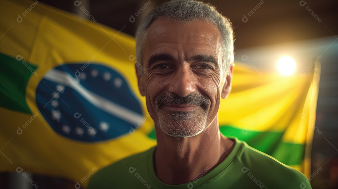 Um homem sorrindo para a câmera com uma bandeira do Brasil no Dia da Independência do Brasil