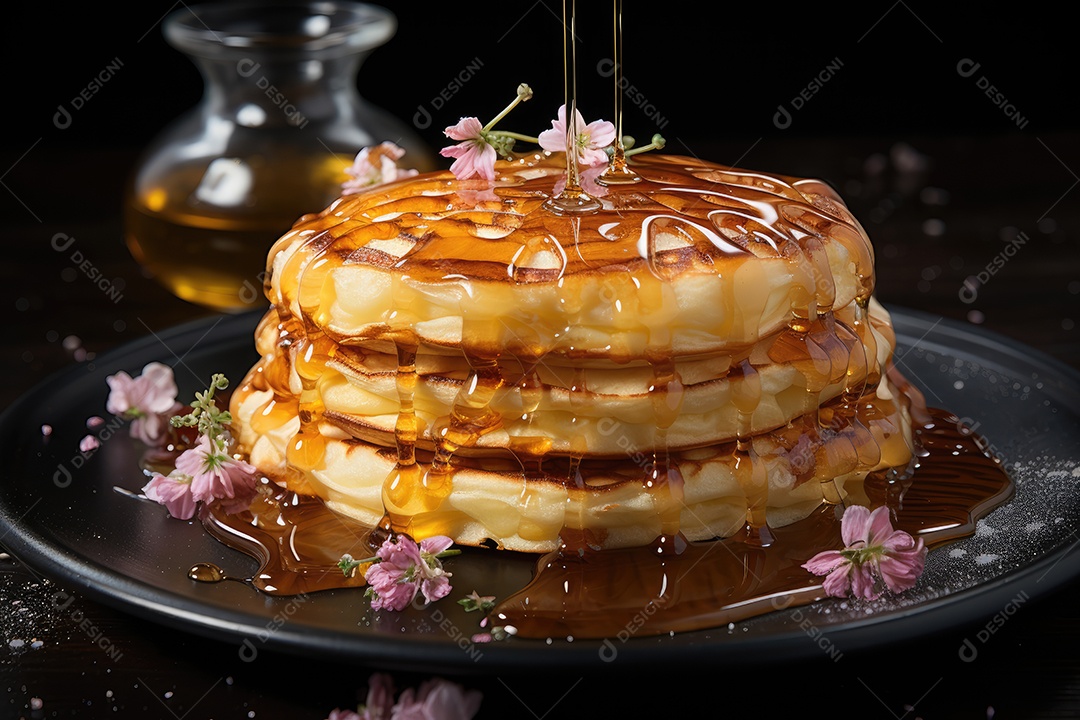 Panquecas douradas com morangos e chocolate derretido em cozinha rústica.