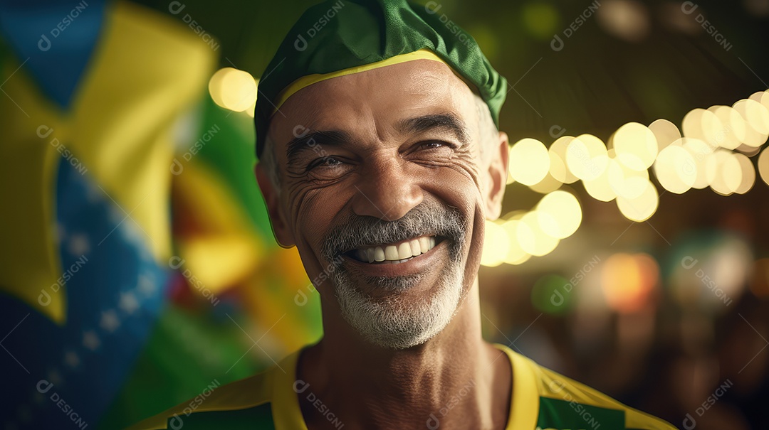 Um homem sorrindo para a câmera com uma bandeira do Brasil no Dia da Independência do Brasil