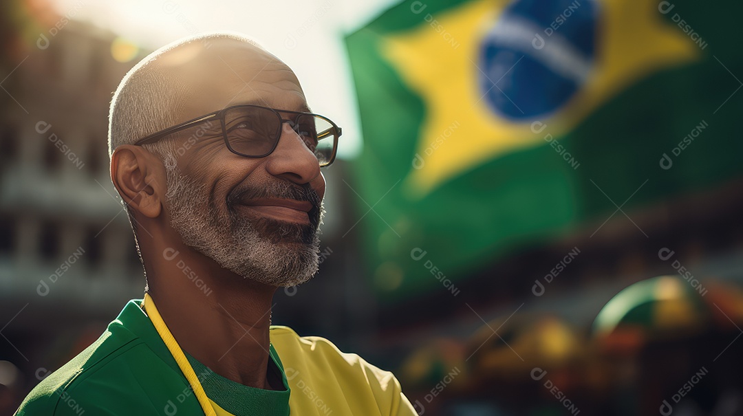 Um homem sorrindo para a câmera com uma bandeira do Brasil no Dia da Independência do Brasil