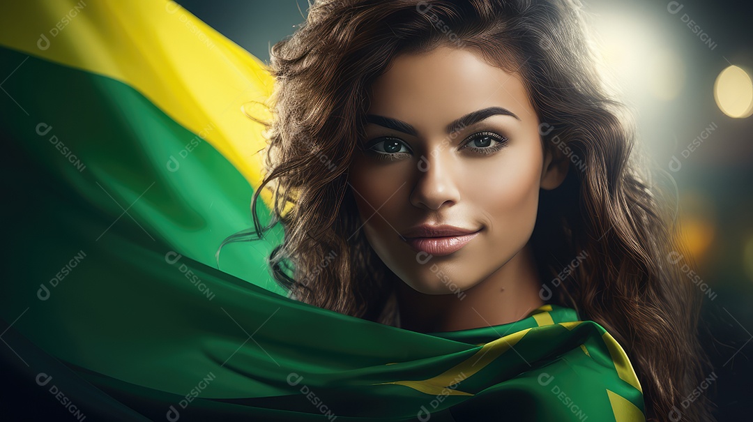 Uma bela jovem sorrindo abraçando uma bandeira brasileira no Dia da Independência do Brasil