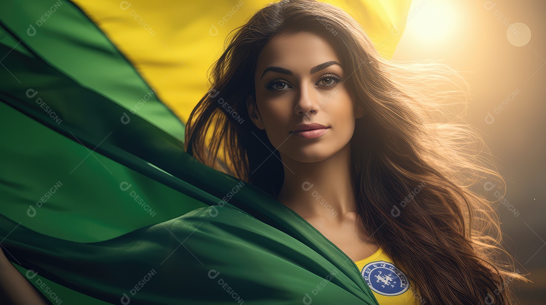 Uma bela jovem sorrindo abraçando uma bandeira brasileira no Dia da Independência do Brasil