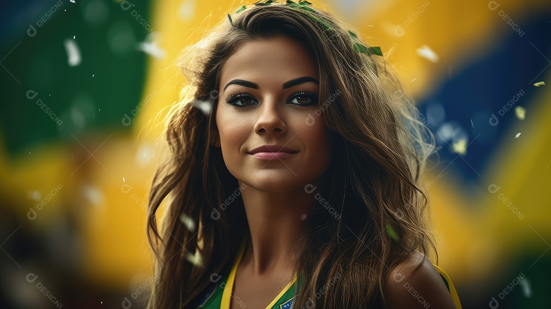 Uma bela jovem sorrindo abraçando uma bandeira brasileira no Dia da Independência do Brasil