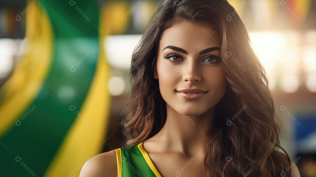 Uma bela jovem sorrindo abraçando uma bandeira brasileira no Dia da Independência do Brasil